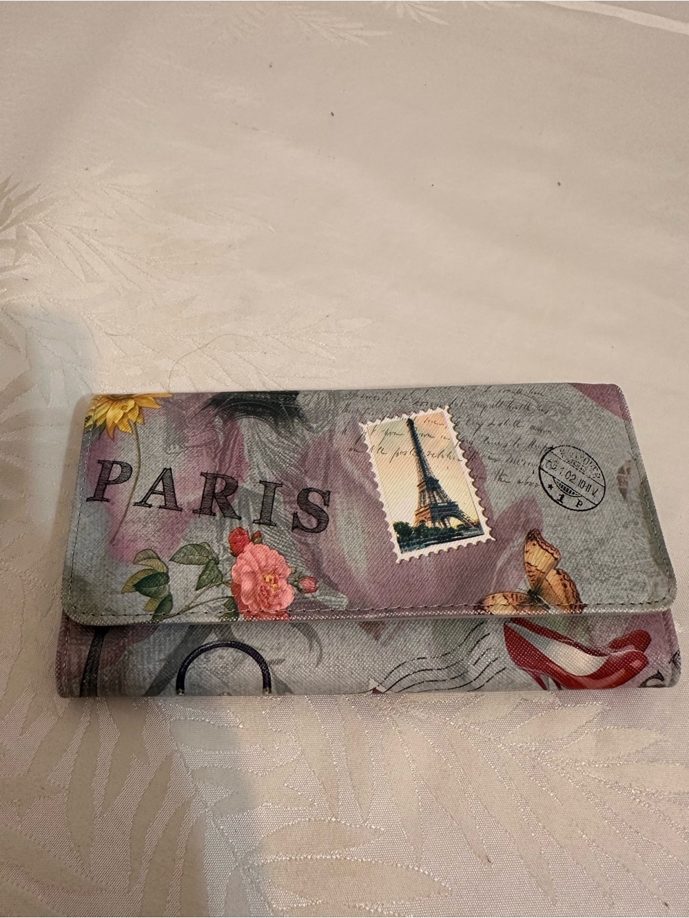 Paris Stamp Floral Clutch Wallet in Lavender